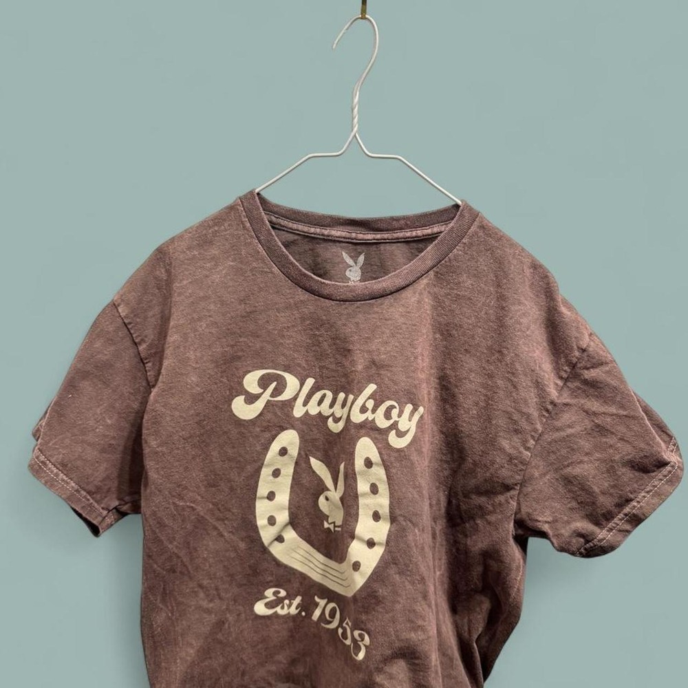 Playboy Brown Acid Wash Crop Top Large Western Y2K Horseshoe Graphic Tee